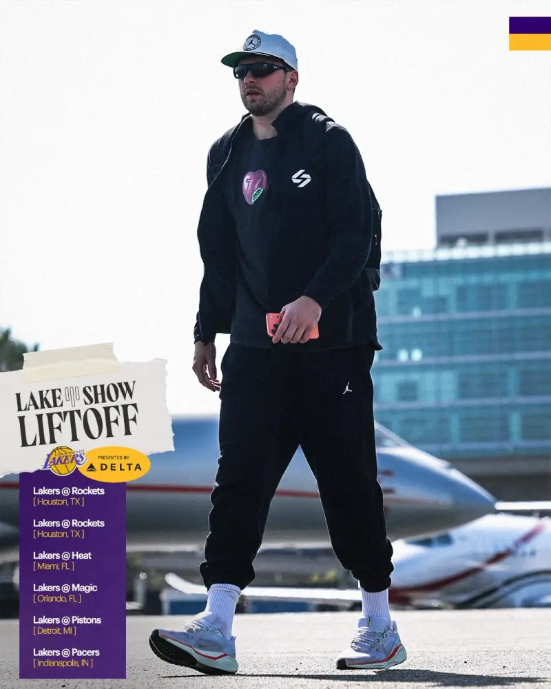 彩经网-湖人社媒分享球员奔赴休斯顿的登机照片组图，东契奇出镜